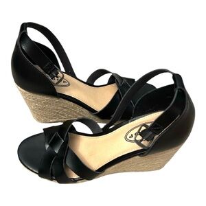 Wedge Sandals with Adjustable Ankle Strap Black Size 7